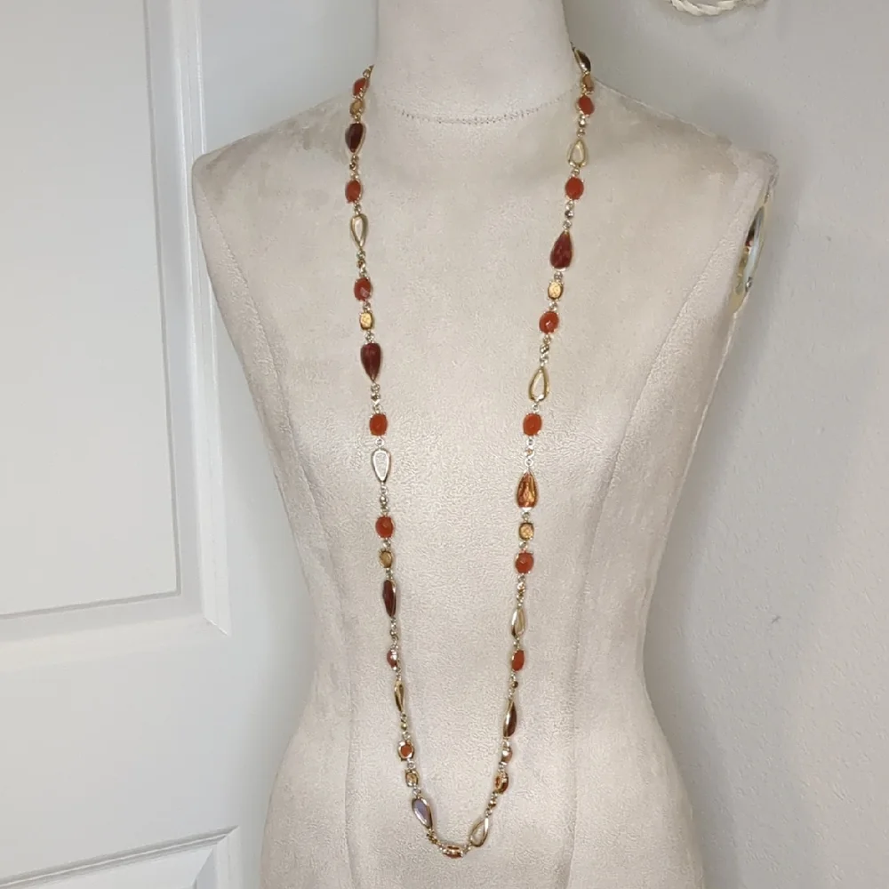 Vintage Anne Klein Amber Sautoir Necklace Extra Long Layered Gold Tone 84